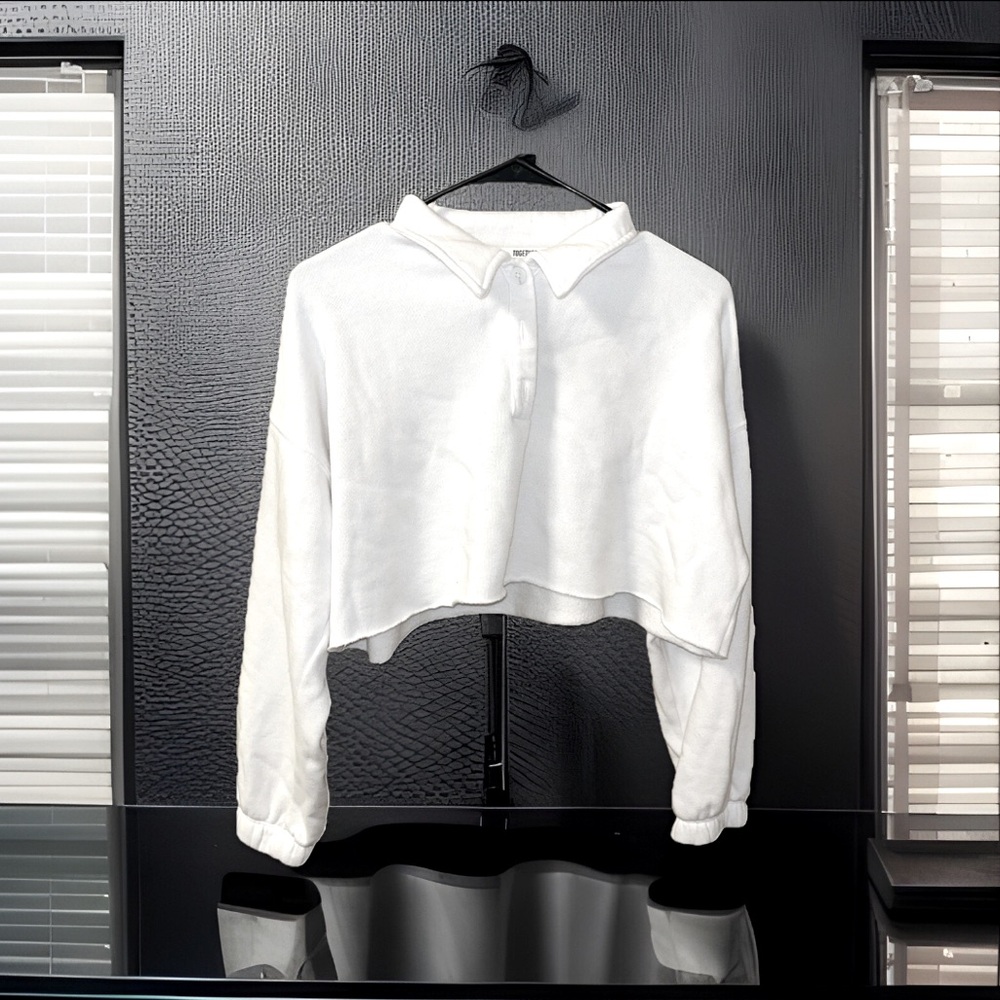 Aerie Lounge Crop Polo Sweatshirt In White Together Y’all Relaxed Fit 3 Buttons